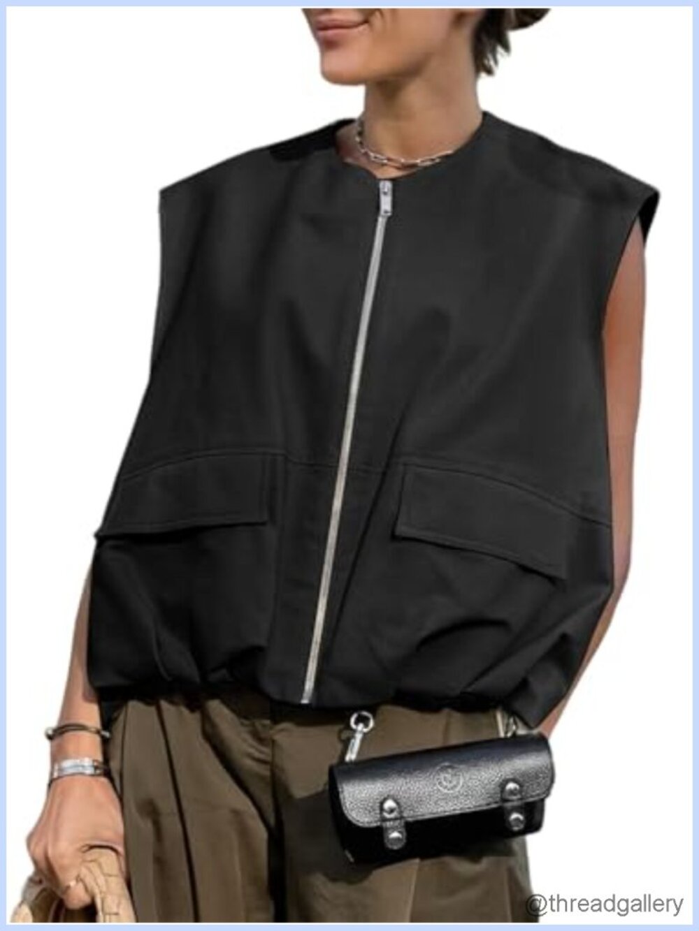 Lightweight Sleeveless Zip Up Vest Cargo Ruched Hem Oversized Jacket with
